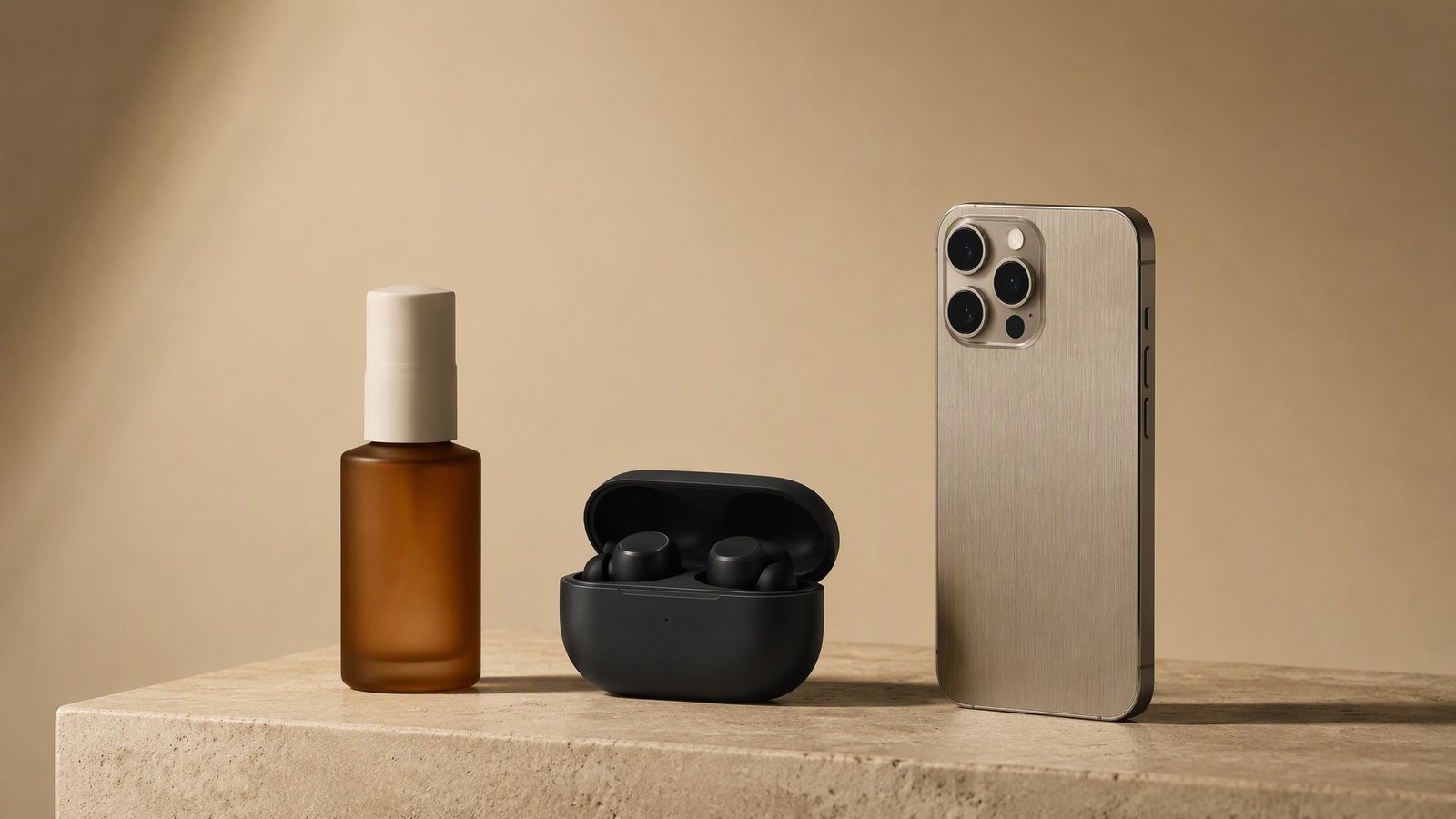 Belleza y tecnología: frasco de sérum, audífonos inalámbricos y smartphone sobre una placa de piedra